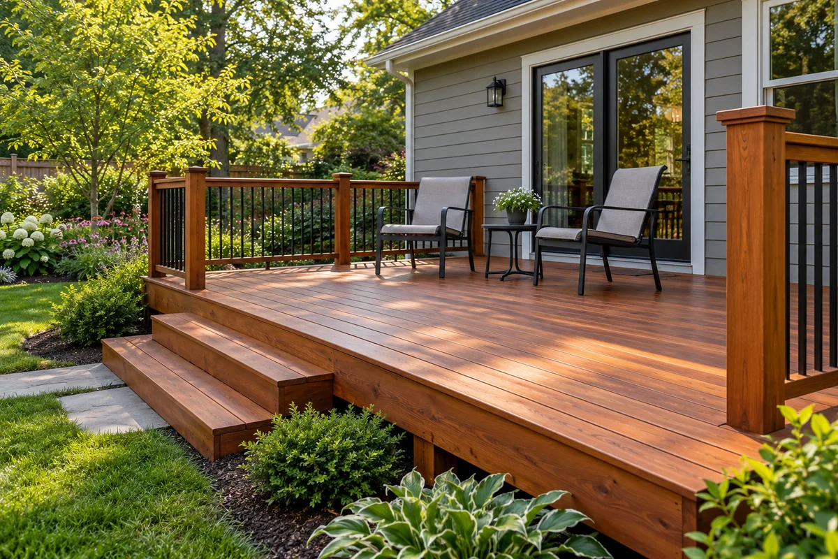 Illustrative Restored wood backyard deck with dark metal balusters