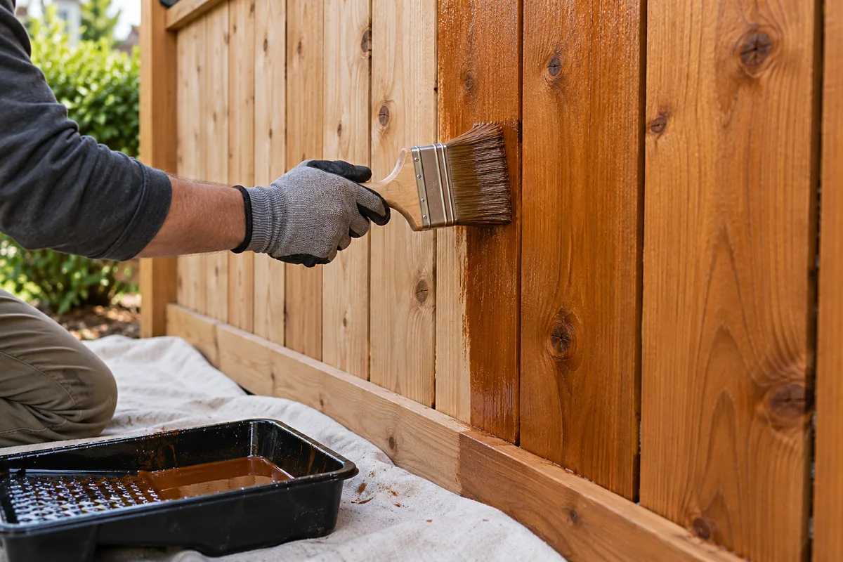 Illustrative Brush applying a natural brown finish to cedar fence boards